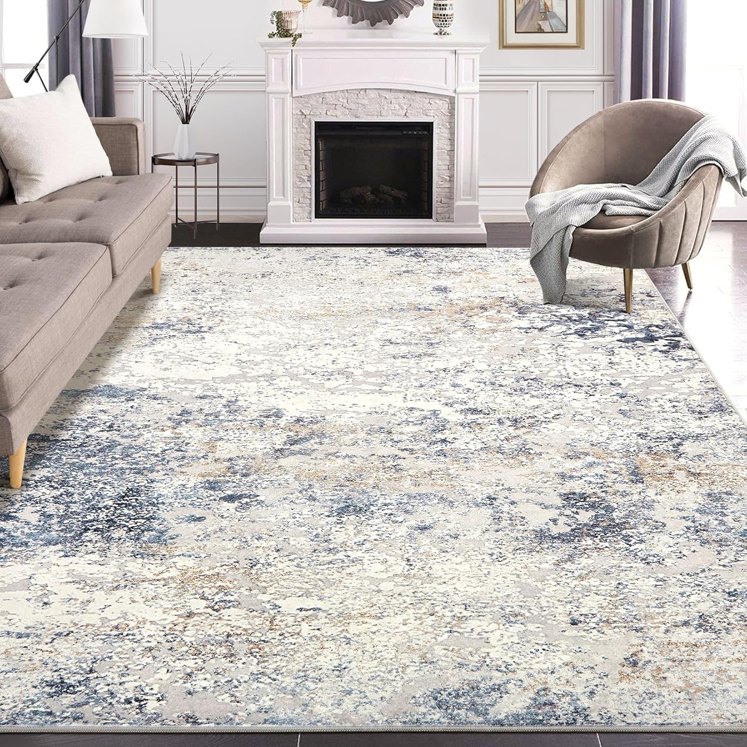 Area Rug Living Room Rugs - 5x8 Abstract Large Soft Indoor Washable Rug Neutral Modern Low Pile Carpet for Bedroom Dining Room Farmhouse Home Office - Beige Blue