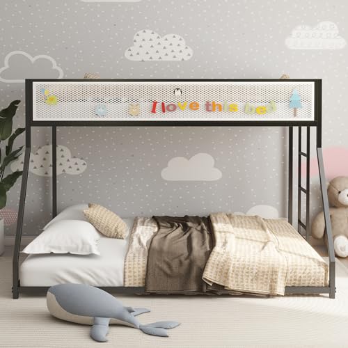 Metal Floor Bunk Bed,Twin Over Twin Low Bunk Bed with White Mesh Guard Rail and Ladder, Low Frame with Metal Slats, Floor Bed for Kids, Teens, Boys, Girls,Small Spaces,Dorm Rooms (Twin Over Twin)