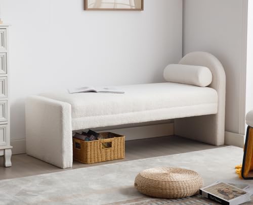 EALSON Velvet Entryway Bench Bedroom Bench End of Bed Modern Upholstered Ottoman Bench Window Seating Bench with Wood Frame/Arm/Roll Pillow for Living Room/Hallway, Beige