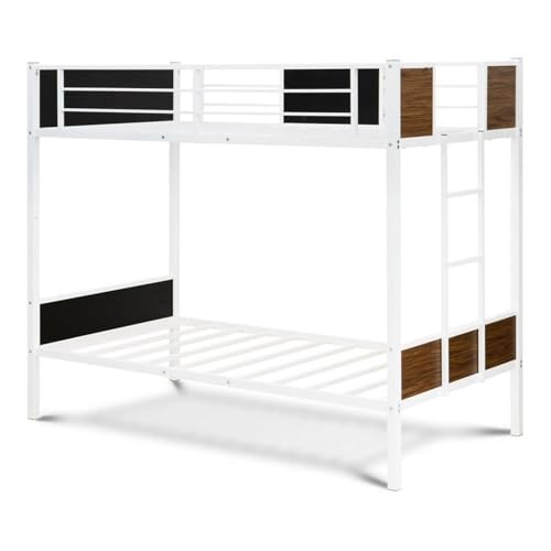 East West Furniture LYT0WHI Lynfield Twin Bunk Bed - Two Metal Beds with Two Steps Ladder and Guard Rails - Twin Over Twin Bunk Bed - White Powder Coating Color