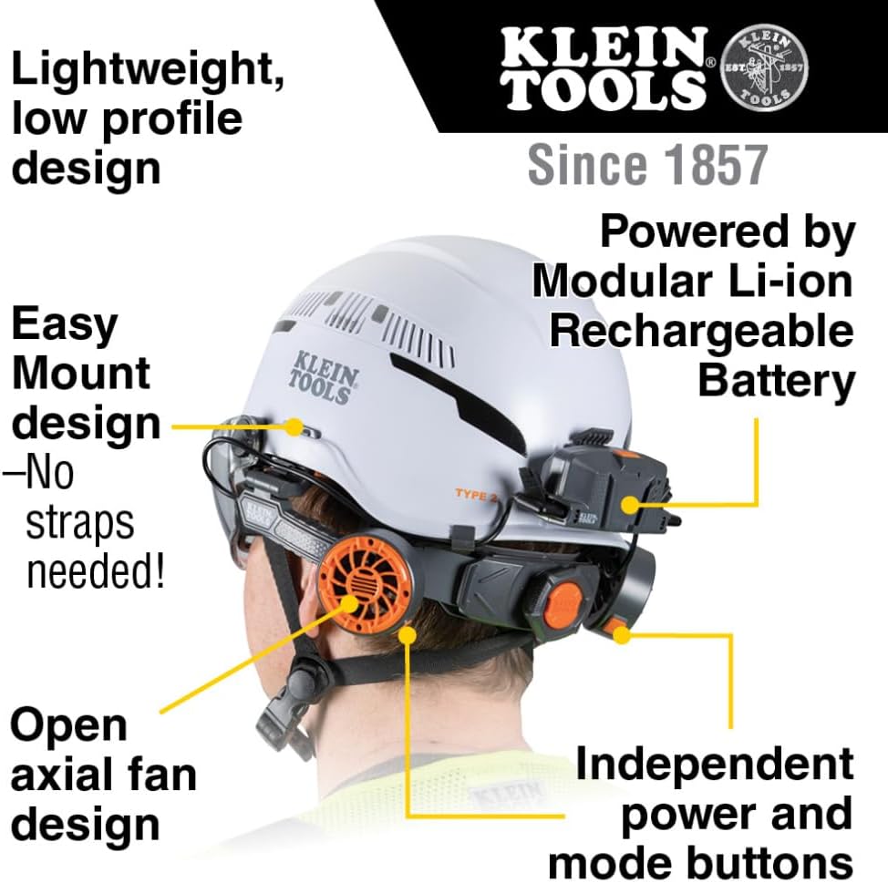 Klein Tools 60523 Dual Cooling Fan for Hard Hats and Safety Helmets, Lightweight, USB-C Rechargeable Fan, Cools Head, Neck, and Face
