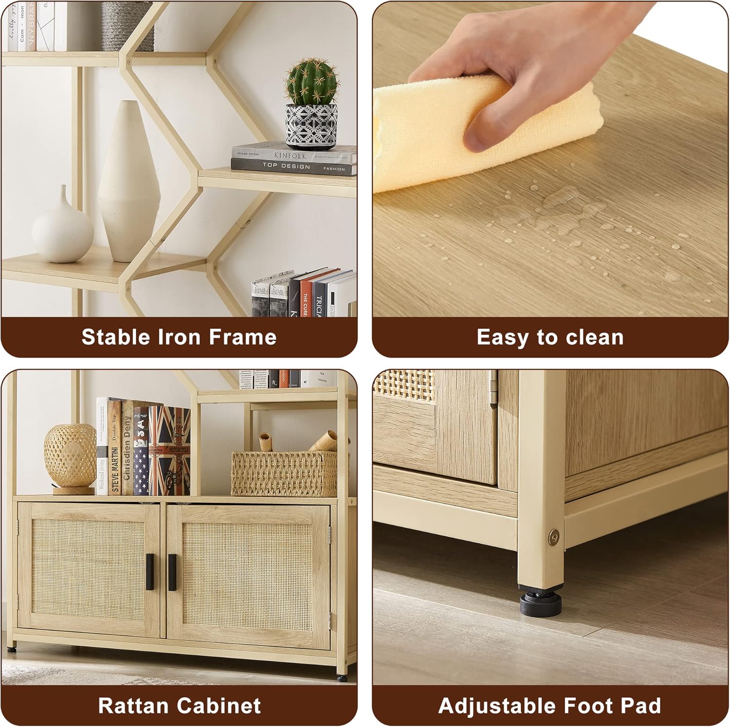 Stylish Bohemian Rattan Bookcase-7 Open Shelves and 1 Storage Cabinet,Storage Bookcase for Books,Cds,Rattan Furniture for Living Room/Home/Office