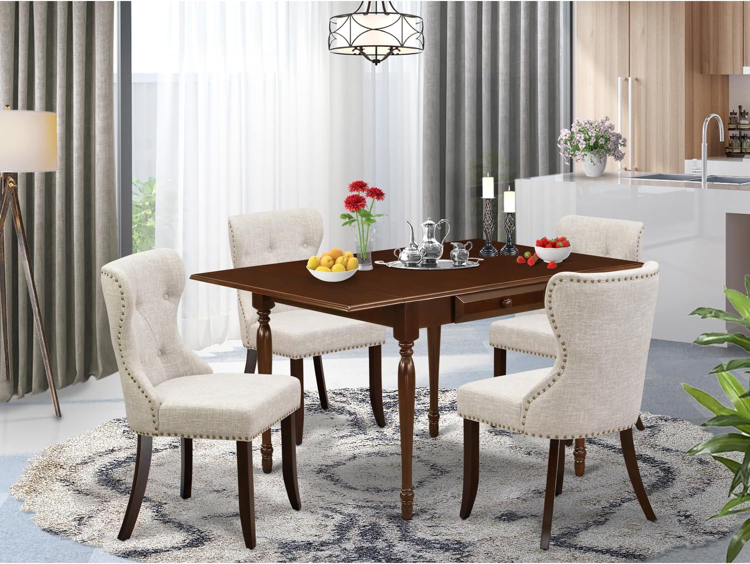 Rococo Romance Furniture Mzsi5-Mah-35 - A Kitchen Table Set of 4 Amazing Kitchen Chairs with Linen Fabric Doeskin Color and A Lovely Wooden Dining Table with Mahogany Finish