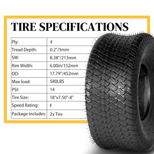 MOTORHOT Set of 2 18x8.50-8 4PR Tires Garden Lawn Mower Tractor Golf Cart Tires SW:8.27in(210mm)