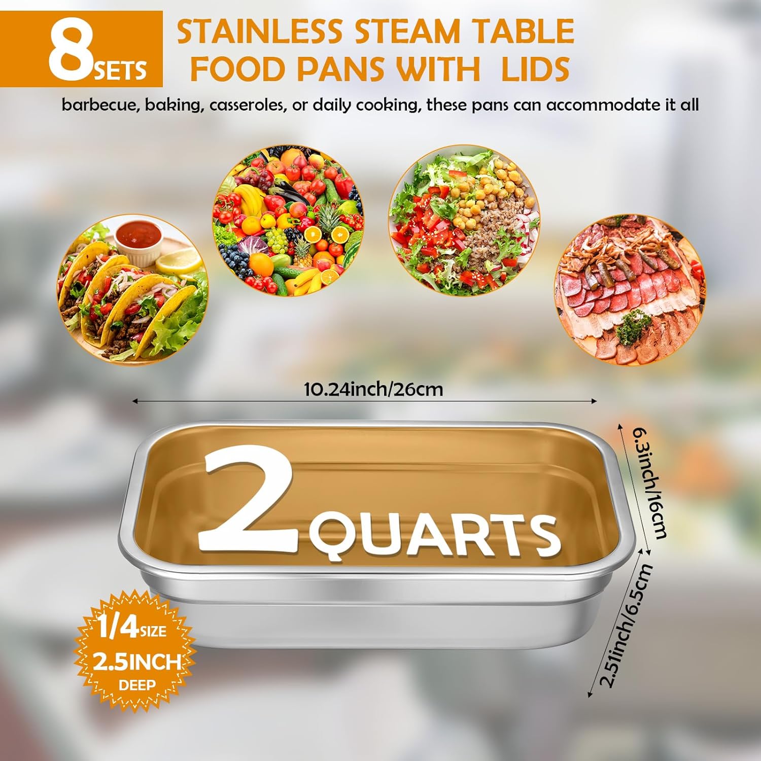 8 Pcs Hotel Pan with PP Plastic Lid Steam Table Pan Stainless Steel Restaurant Pans 1/4 Size Catering Pans Food Prep Pan Restaurant Anti Clogging Steamer for Buffet Hotel (2.5 Inch Deep)