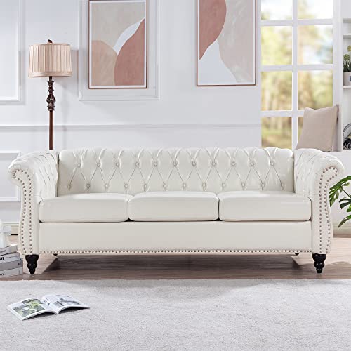 Chesterfield Sofa Leather for Living Room, Modern PU Tufted Couch 3 Seater, Silver Studs Trim Rolled Arms and Solid Wooden Legs, for Living Room, Bedroom, Apartment (Gray + PU Single)