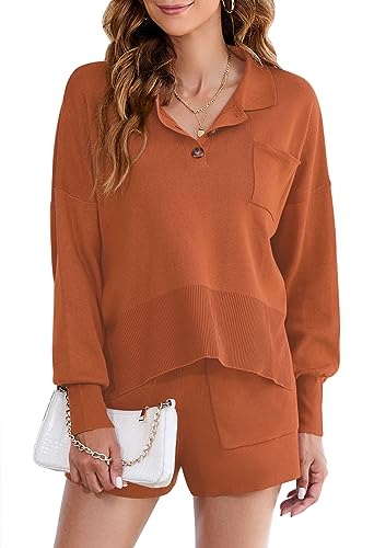 Pink Queen Women's 2023 Fall 2 Piece Outfits Button V Neck Batwing Long Sleeve Top And Shorts Knit Sweater Lounge Sets