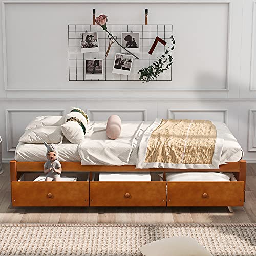 Chino Twin Daybed with Storage Drawers,Solid Wood Japanese Style Low Platform Bed Frame for Small Spaces Room,No box Spring Needed (Oak)