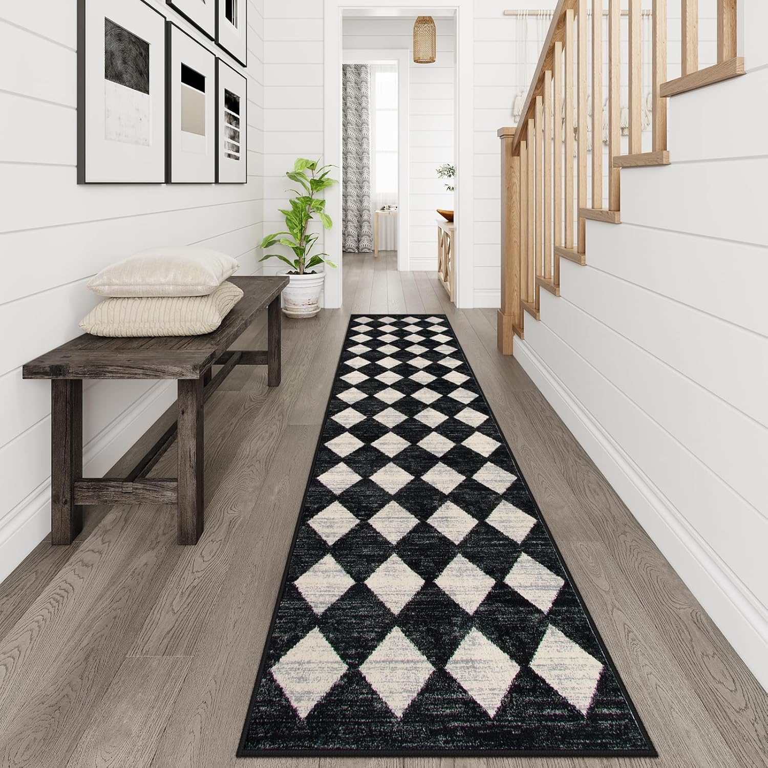 Lahome Checkered Washable Rug Runners for Hallways Non Slip,2x10 Black Kitchen Bathroom Runner Rug,Trellis Low Pile Indoor Carpet Runner for Bedroom Entryway Foyer(2'x10',Black)