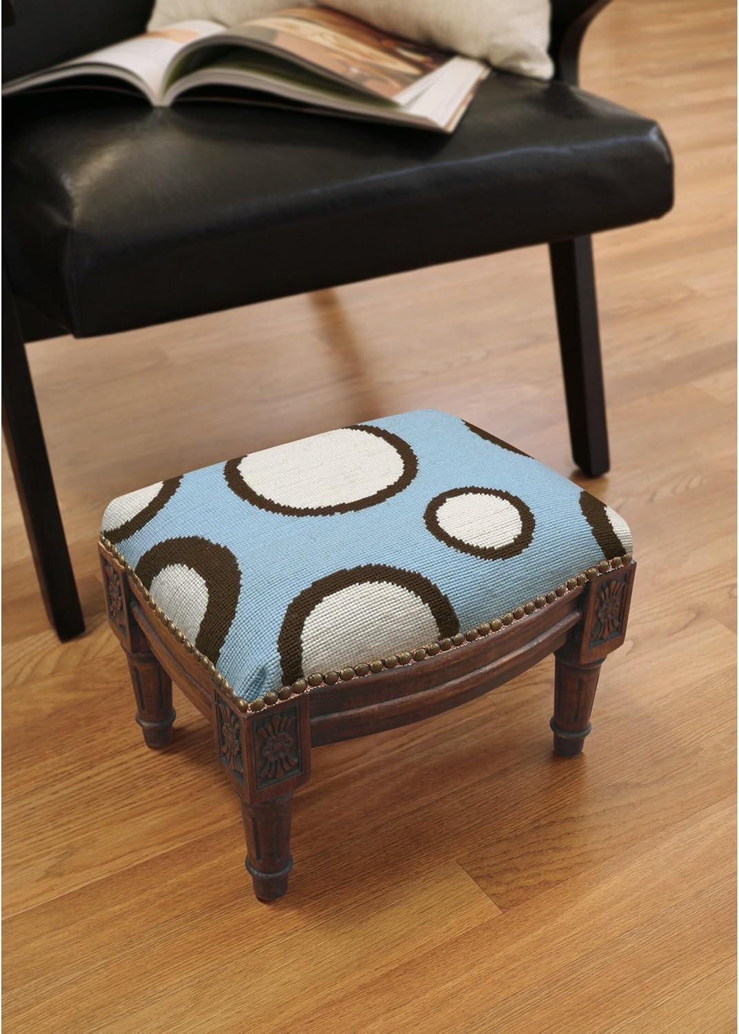 Blue and Brown Circle Needlepoint Footstool
