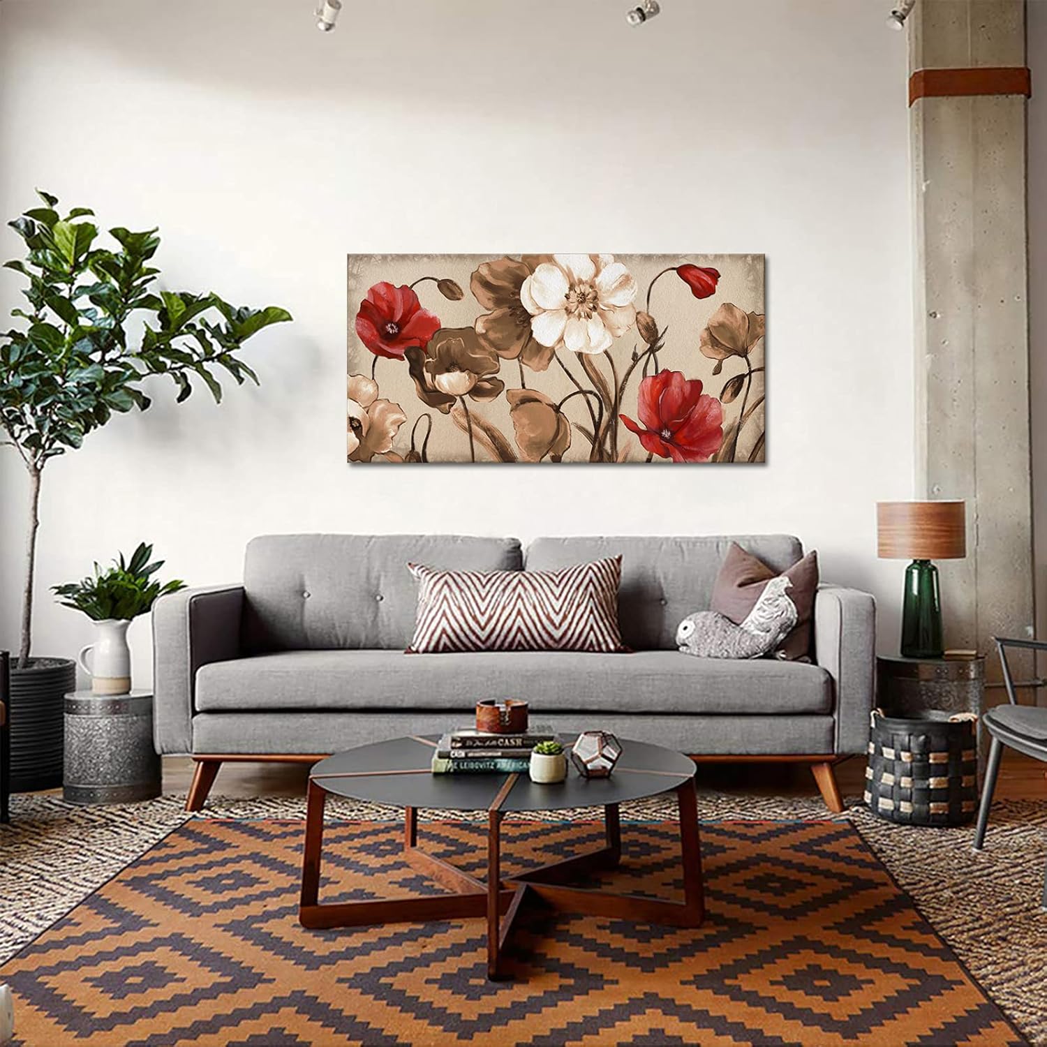 Artmyharbor Red and Brown Flowers Painting on Canvas Vintage Wall Art Bedroom Wall Decor Blossom Floral Picture Home Kitchen Living Room Decoration