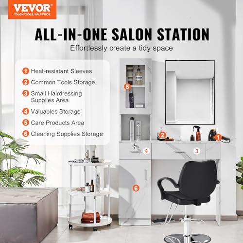 VEVOR Salon Station, Wall Mount Barber Salon Station for Hair Stylist, Beauty Spa Furniture Set, 1 Storage Cabinet, 3 Cubbies and 2 Drawers(One Lockable), Black
