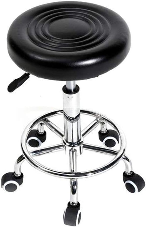 Adjustable Bar Stool with Wheels, Round Rolling PU Leather Cushion Stool Chair Swivel for Medical/SPA/Salon/Home/Massage - Black