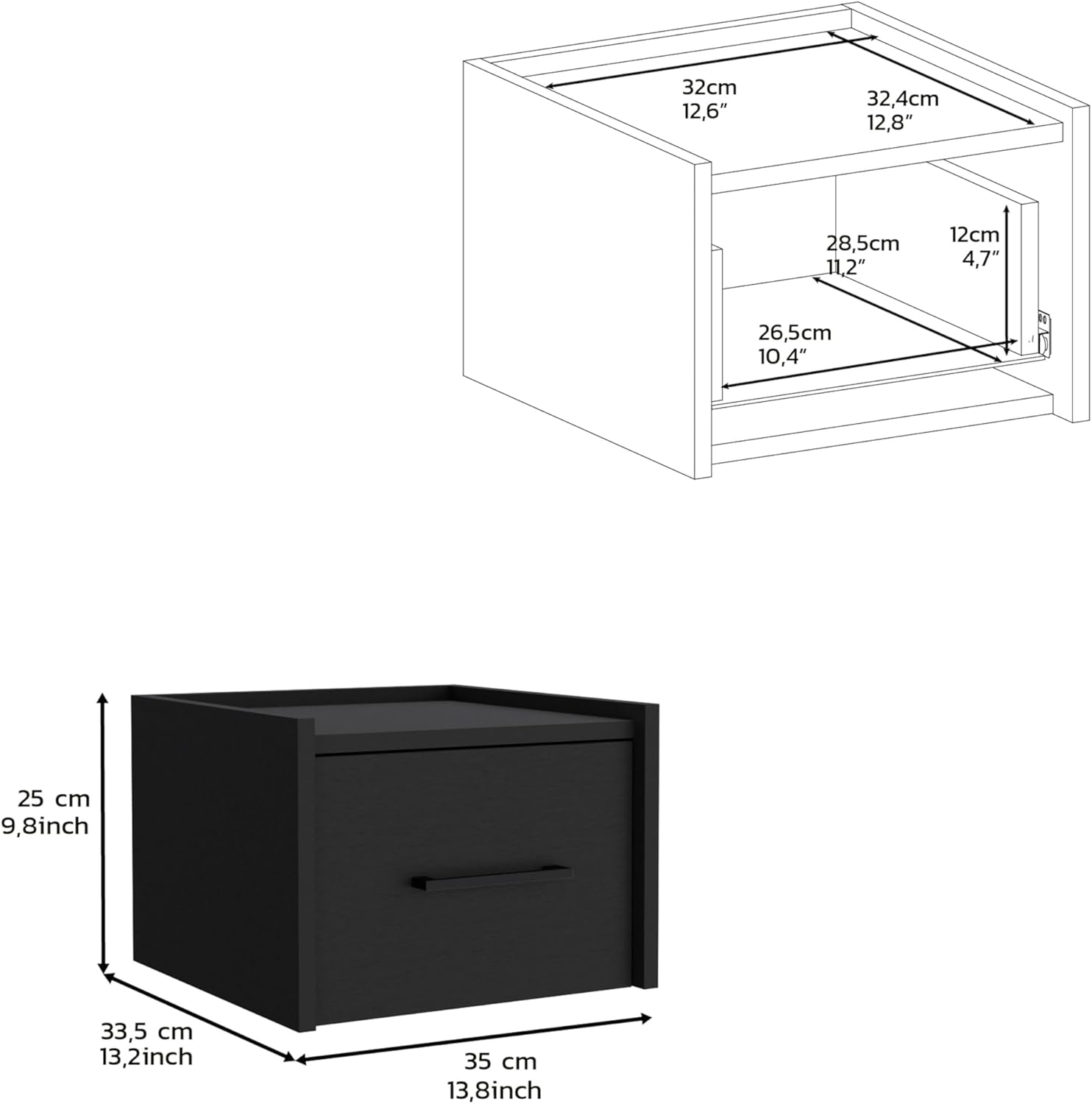 Black Modern Floating Nightstand, Space-Saving Design with Convenient Drawer and Black pull Handle.