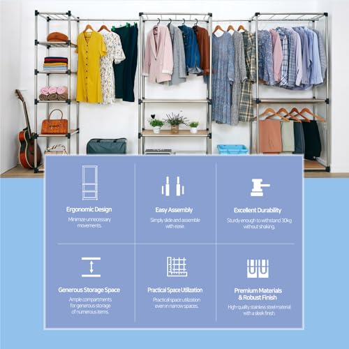 Premium Stainless Steel Freestanding Closet Organizer System - Easy Assembly, Durable, and Versatile - Heavy Duty Adjustable Portable Wardrobe Clothing Rack (2 Tier)