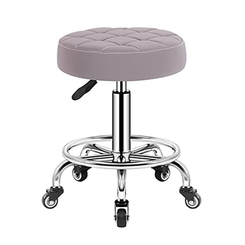 Round Rolling Stool Beauty Stools Chair Adjustable Height Chrome Steel Bar Stool Round Cushion, Salon Rolling Stool Swivel Chair On 5 Wheels, PU Leather Counter Stools Shop Work Stool with