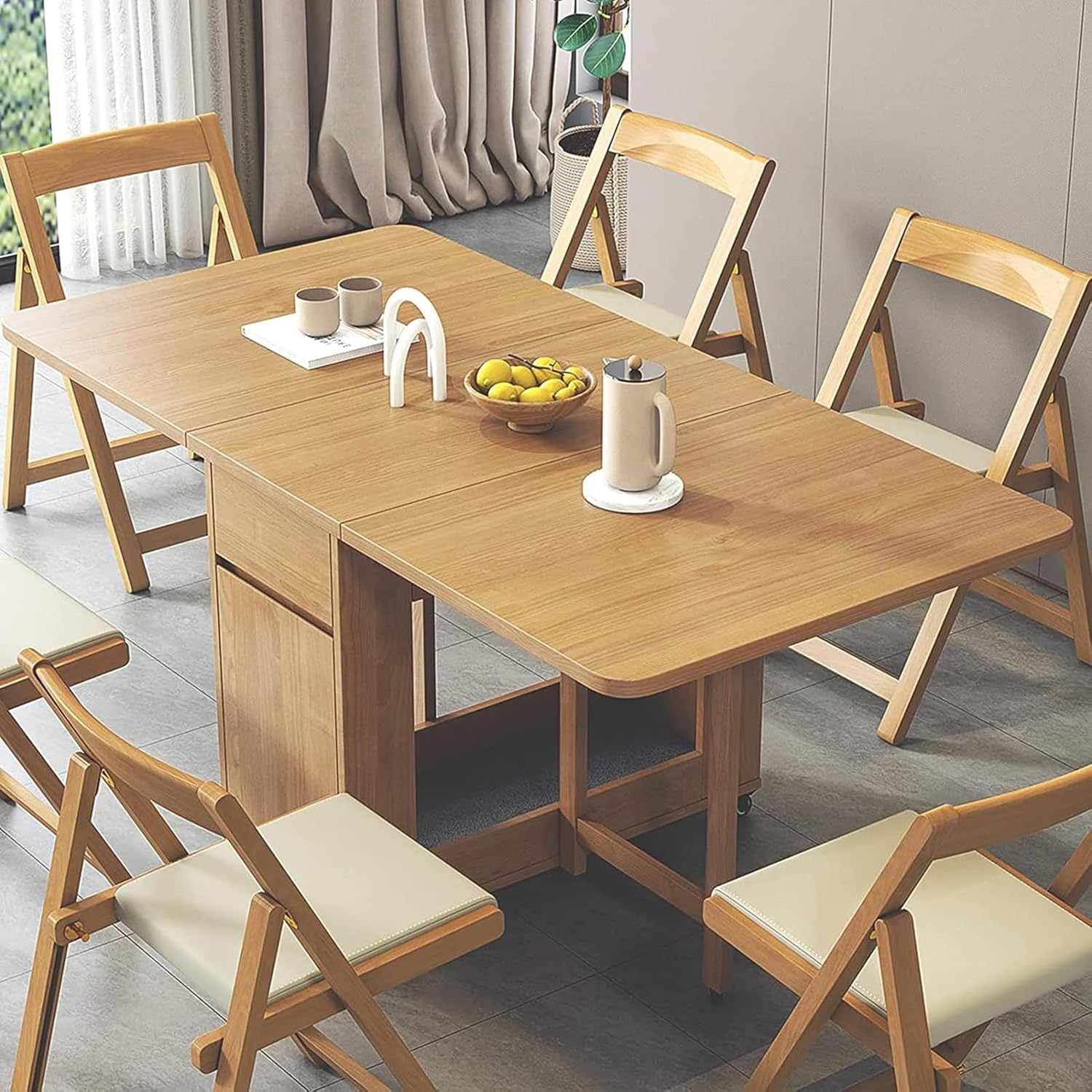 Folding Dining Table and Chairs, Solid Wood Drop Leaf Table Set, 1.4m Extendable Table with Chairs, Space Saving Foldable Table for Kitchen Living Room, Beige