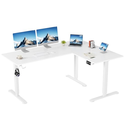 L-Shaped Corner Standing Desk, Electric Height Adjustable Table, Home office Workstation, 63 x 48 Inch, White