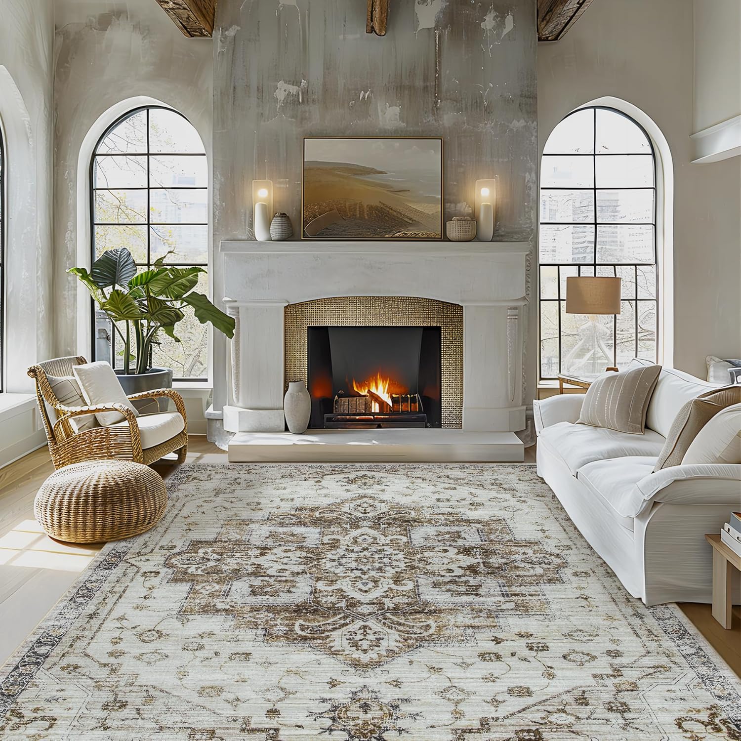 Washable Rug Living Room Rugs: 8x10 Area Rug Large Soft Boho Vintage Medallion Carpets Indoor Floor Anti Slip Non-Shedding Thin Carpet for Bedroom Dining Room Farmhouse Nursery Home Office-Taupe
