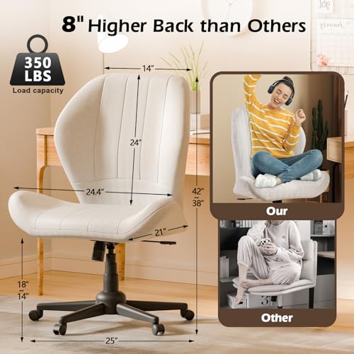 Cross Legged Chair Armless Office Chair with Wheels Wide Desk Chair with Tall Back Comfy Vanity Chair with Stress Relief Curved Design Seat Criss Cross Chair for Bedroom & Office