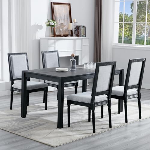 Black Dining Chairs Set of 2, French Country Dining Room Chairs with Round Cushion Back, Farmhouse Kitchen Chairs Upholsterd Side Chair for Dinner/Restaurant, Beige