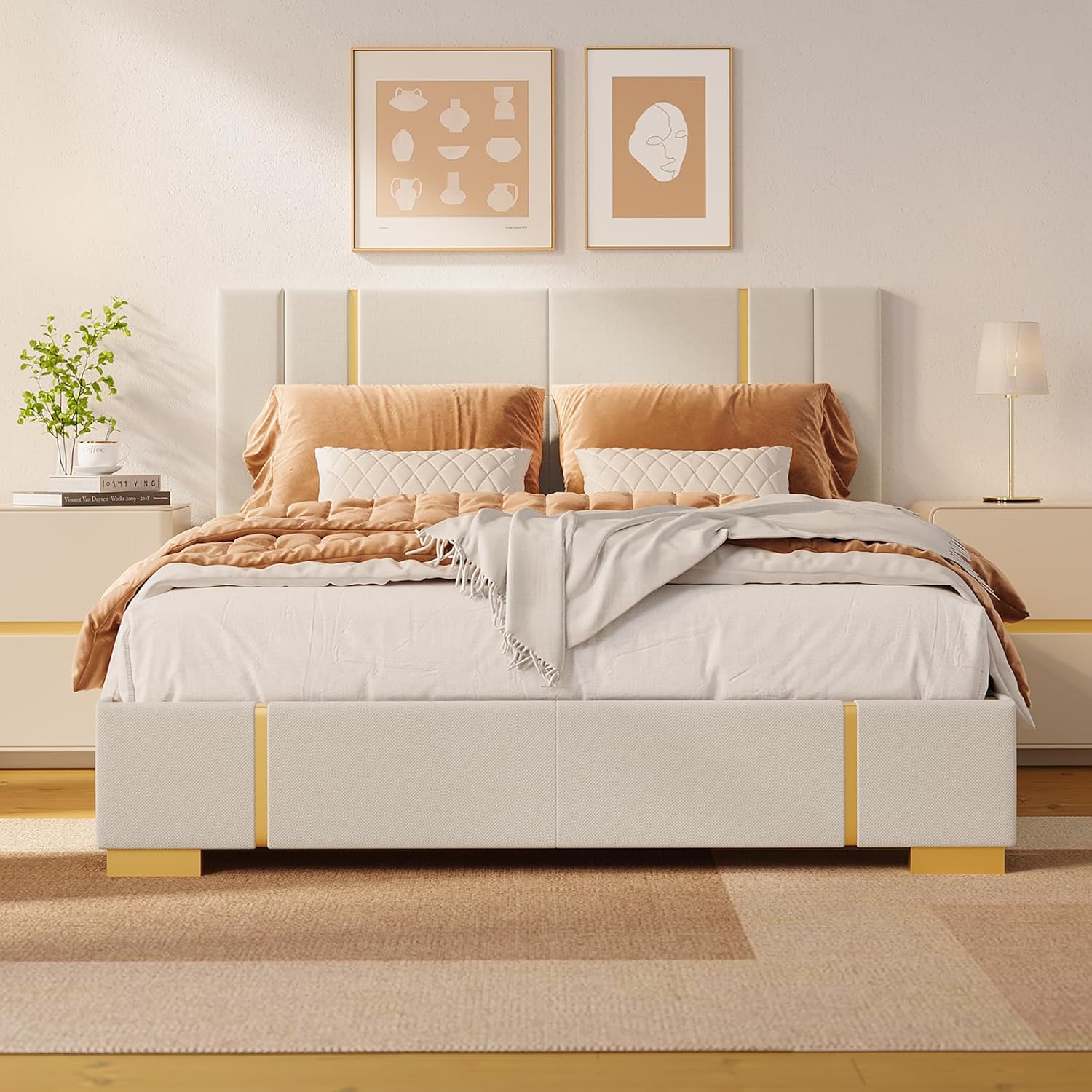 Gizoon Upgrade Queen Bed Frame, Upholstered Platform Bed Frame with Modern Headboard, Sturdy Metal Frame, Wooden Slats, Velcro Fastener, Easy Assembly, Noise-Free, No Box Spring Needed, Beige