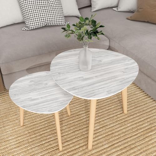 Small Coffee Nesting Table Whitewashed Timber Triangle End Table Center Table Set of 2 Modern Side Table for Living Room Bedroom Balcony