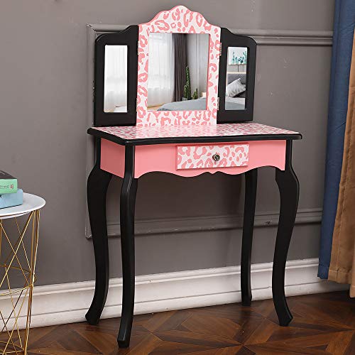 Kids Vanity Table and Chair Set, Girls Vanity Set with Mirror and Stool, Tri-Folding Mirror, Makeup Dressing Princess Table with Drawer, Kids Vanity Set with Mirror (Pink)