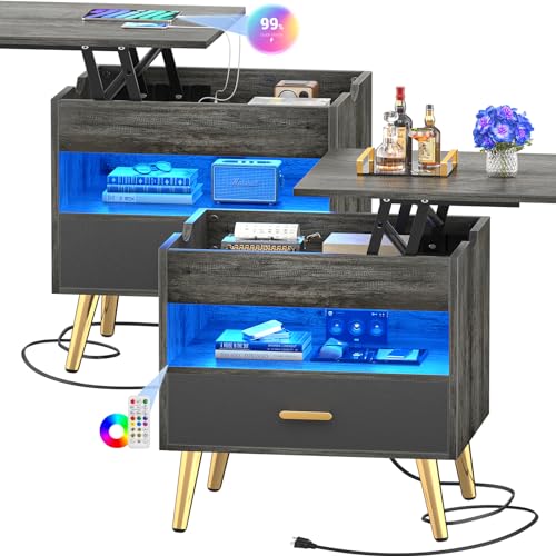 Cyclysio 35'' Nightstands Set of 2 with Reversible Lift Top, Large Night Stand with Lights, Tall Bedside Table with Charging, Grey Modern Side Table