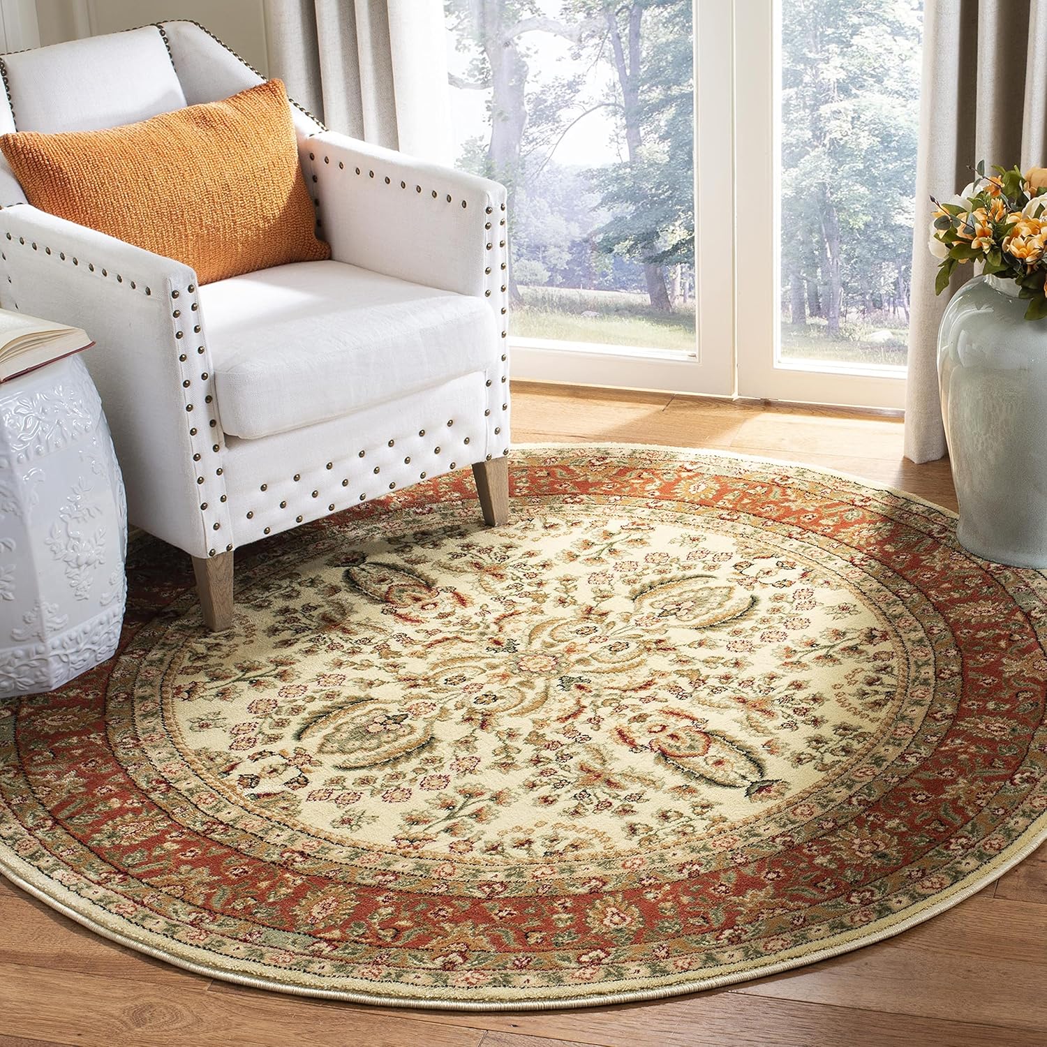 SAFAVIEH Lyndhurst Collection 10' Round Ivory / Rust LNH214R Traditional Oriental Non-Shedding Dining Room Entryway Foyer Living Room Bedroom Area Rug