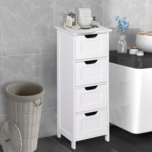 Bathroom Floor Cabinet Wooden Storage Cabinet with 4 Drawers Freestanding Storage Organizer Multifunctional Corner Unit for Living Room Kitchen Entryway, White