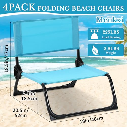 4 Pcs Lightweight Foldable Beach Chair for Adults Stable Low Beach Chair Sand Chair Portable Camping Chair for Outdoor Camping Beach Picnic Support 300lbs(Sky Blue, Striped Style)