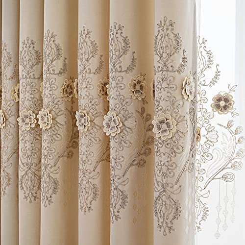 Amidoudou 1 Pair European Luxury Jacquard Curtains for Bedroom 3D Flower Curtains for Living Room (Beige,52x96 Inch)