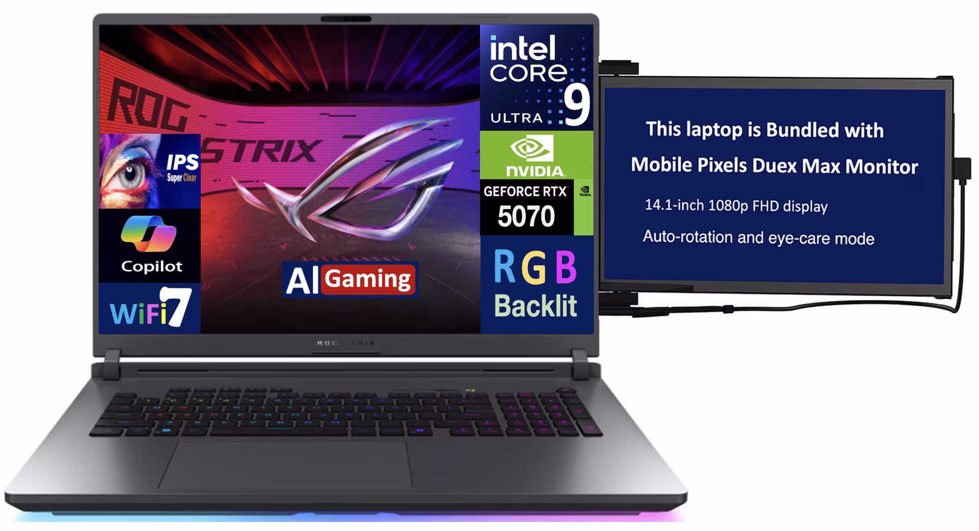 ASUS ROG Strix AI Gaming Laptop 18in 240Hz IPS WQXGA Display (Intel Ultra 9- 275HX, NVIDIA GeForce RTX 5070 8GB, 32GB DDR5, 2TB PCIe SSD, RGB KB, Thunderbolt 4, Win 11 Pro) w/Duex Max DS Monitor