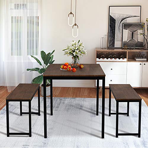 3-Piece Dining Table Set with Two Benches, Kitchen Contemporary Home Furniture for Small Space/Small condo (Brown)