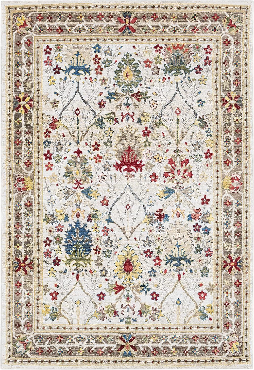Neola Traditional Floral Bordered Area Rug - Oriental Damask Patterned Rug for Living Room, Bedroom, Dining Room - Red, Green, Sage, White - 2' x 2'11