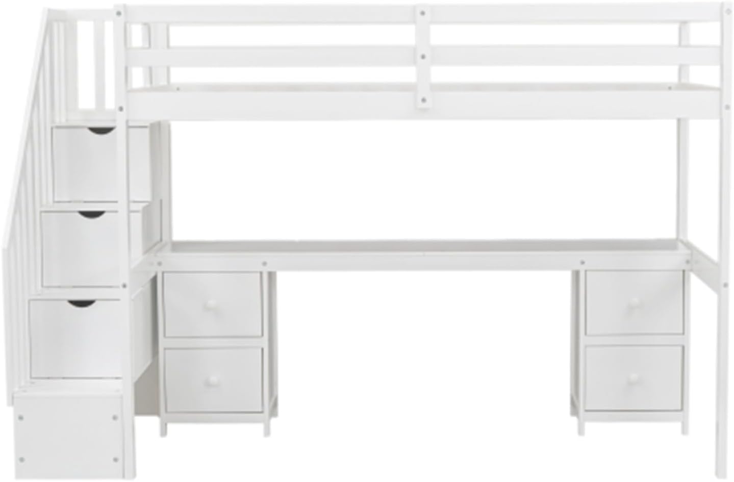 Simple double loft bunk bed frame with built-in desk and double storage drawers, with ladder fence, white