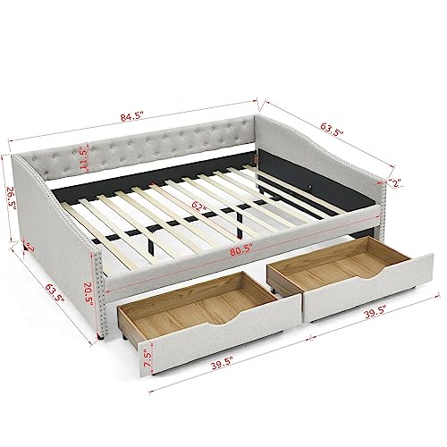 Upholstered Daybed with Drawers, Modern Fabric Full Size Button Tufted Daybed Frame Sofa Bed, No Box Spring Needed, Space Saving, Beige