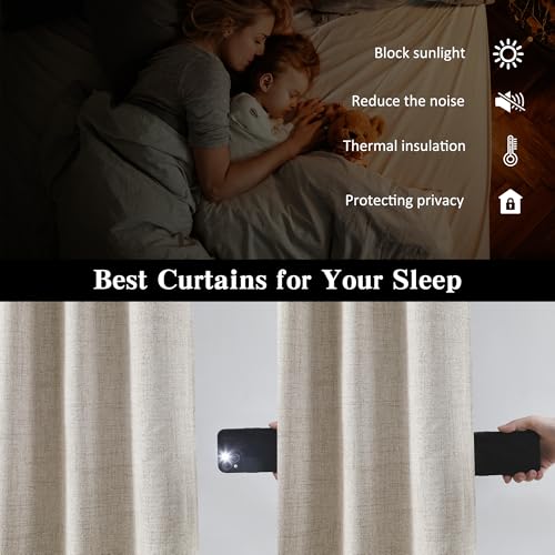 Linen Brown Curtains 102 Inch Long 2 Panels Burg, Full Blackout Back Tab Pleated Look Drapes with Hooks, Thermal Insulated Boho Rustic Curtains for Living Room (50x102 in Lenght,Linen)