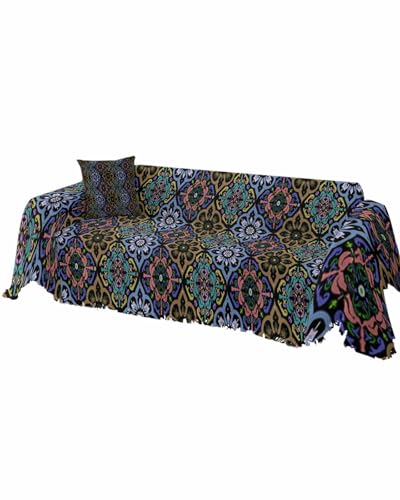 Boho Sofa Cover Couch Covers for 3 Cushion Couch Throw Couch Cover with Tassel Soft Sofa Slipcover Baroque Abstract Blue Yellow Flowers Texture Couch Furniture Protector for Dog Pet 71