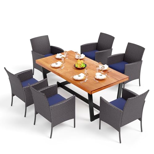 PHI VILLA 7 Piece Outdoor Patio Dining Set for 6, Acacia Wood Table & Wicker Rattan Chairs with Cushions, Farmhouse Teak Dining Furniture Set for Deck, Yard, Porch