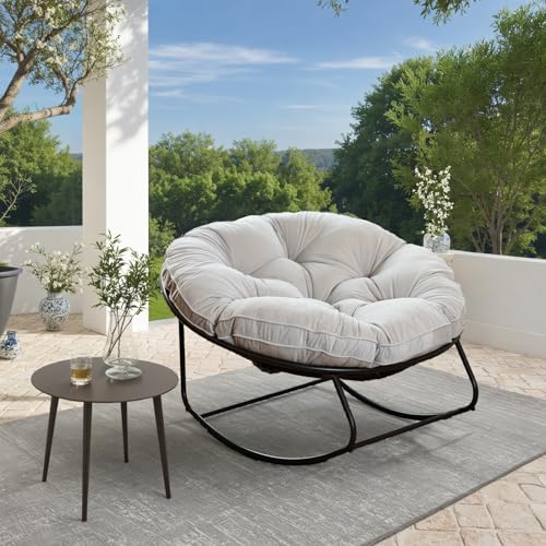 Rocking Chair Outdoor, Patio Egg Rocking Chair,Papasan Rocking Chair with Thickened Cushion, Outdoor Rattan Wicker Lounge Chair for Patio Porch Garden Backyard Dark Gray