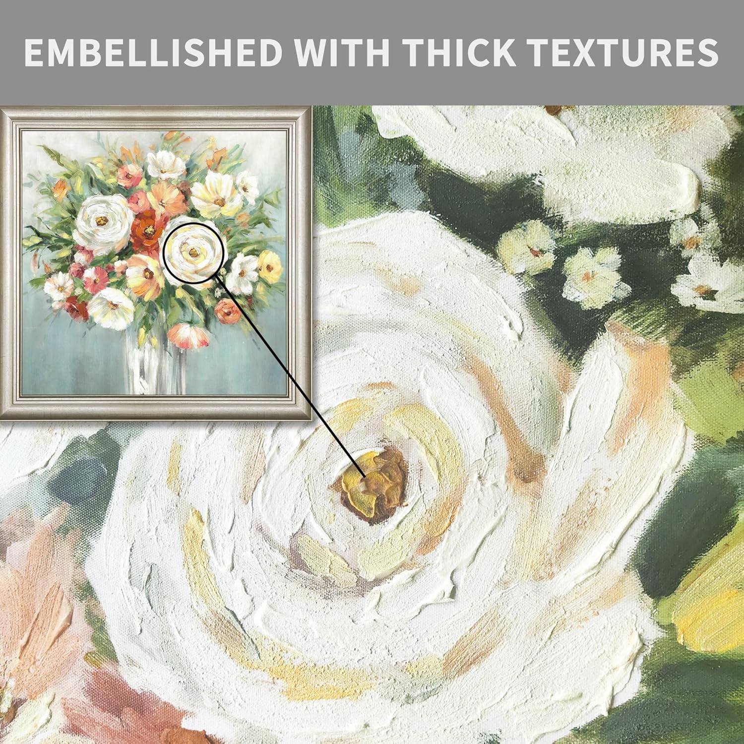 Abstract Floral Framed Wall Art: Blossom Flowers in Vase Picture Hand Painted Textured Rose Bouquet Canvas Painting Large Botanical Print Elegant Artwork for Living Room Bedroom Bathroom