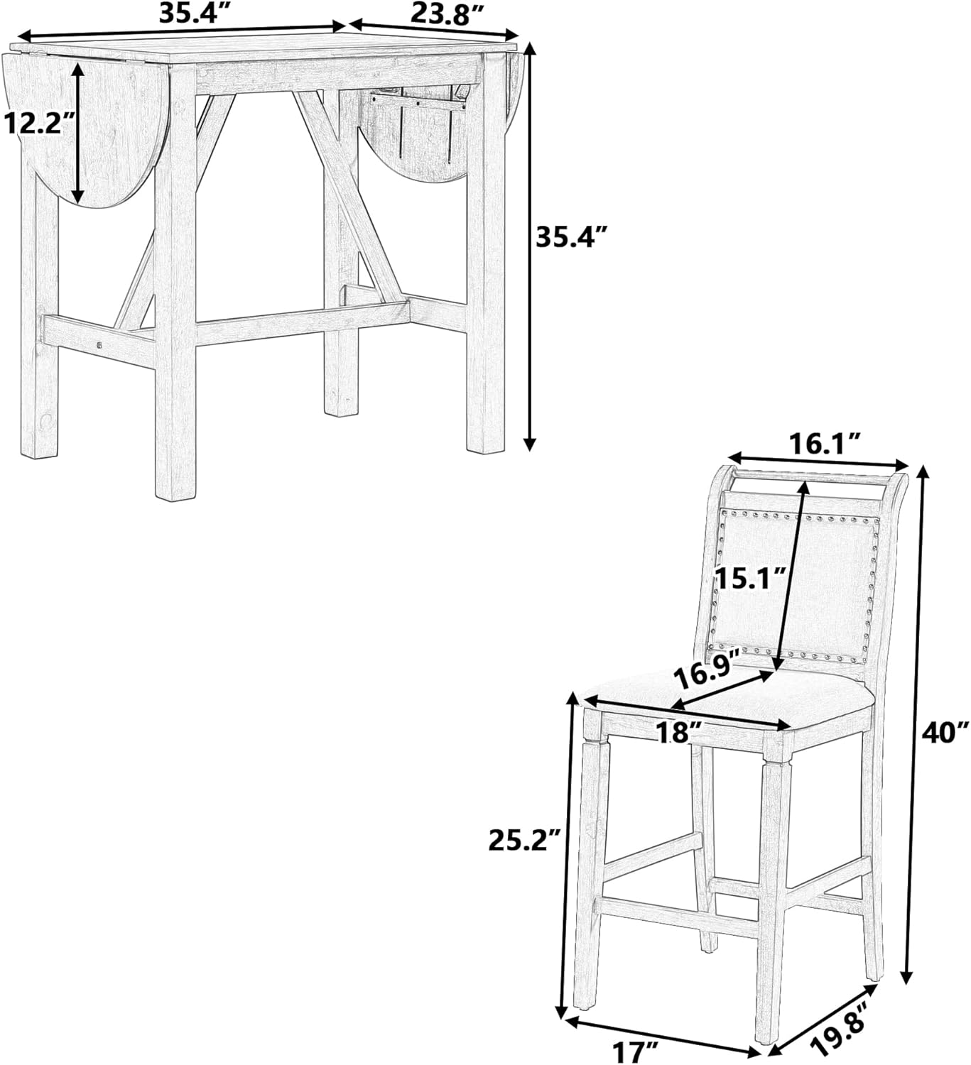 Dining Table Set for 2,Retro 3 Piece Dining Table Set with Drop Leaf,Wood Counter Height Set with Upholstered Dining Chairs,Breakfast Table for Small Space(White+Gray)