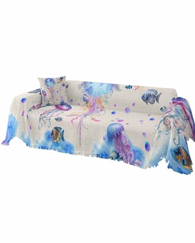 Jellyfish Blue Sofa Cover Couch Covers for 3 Cushion Couch Throw Couch Cover with Tassel Soft Sofa Slipcover Summer Ocean Watercolor Fish White Couch Furniture Protector for Dog Pet 71