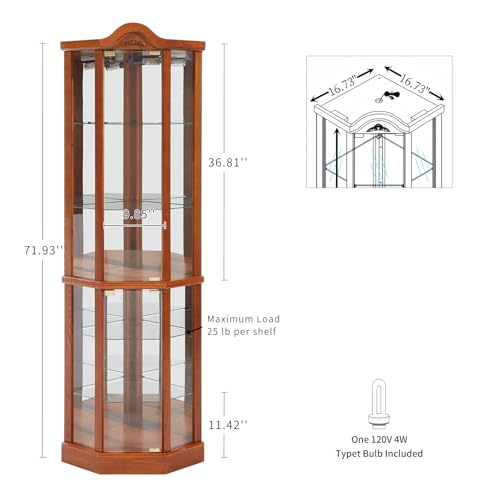 Lighted Wooden Corner Display Curio Cabinet, Two Section Shelving Unit with Tempered Glass Door, Bar and Liquor Storage Area with 6 Shelves - Lorona, Oak