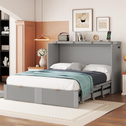 Queen Size Murphy Bed Wall Bed with Storage Drawer and A Set Sockets & USB Ports, Wood Murphy Bed Chest with Pulley Structure Design, Foldable Platform Bed for Home Office Small Room (Gray, Queen)
