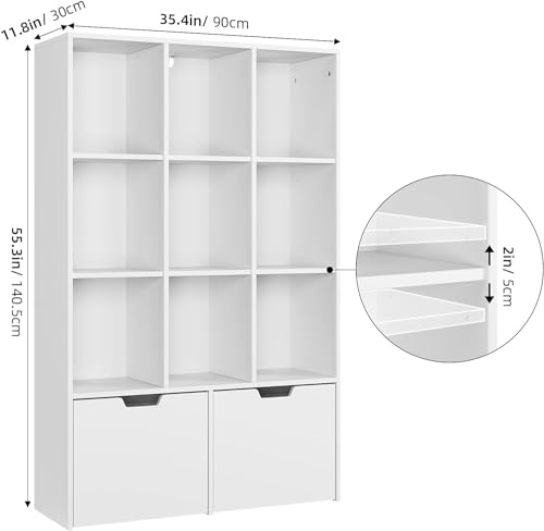 9 Cube Storage Organizer with Drawers, Dark Brown Bookshelf with Storage, Wooden 3-Tier Open Freestanding Shelf, for Kids Room, Living Room, Office, Bedroom