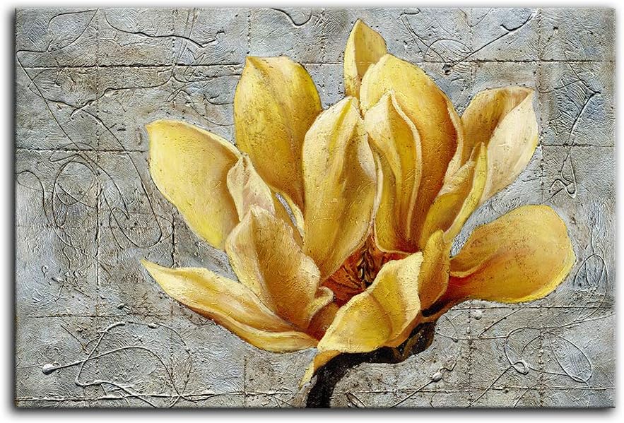 Urttiiyy Yellow Grey Flower Wall Art Abstract Gray Background Print on Canvas Home Decor Decal Pictures Poster for Bedroom Living Room Printed Painting Gifts Framed Ready to Hang - 36''x24''