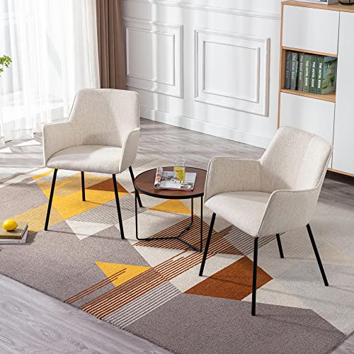 Modern Dining Chairs Set of 4, Upholstered Dining Chair with Arms, Kitchen Chair with Curved Back, Sherpa Accent Chair with Black Metal Legs for Kitchen, Living Room, White